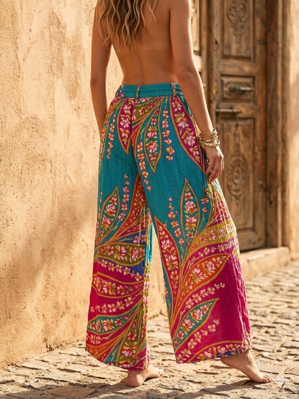 Haute Hippie Style Wide Leg Palazzo Pants Floral Fan Print Boho Tropical Small